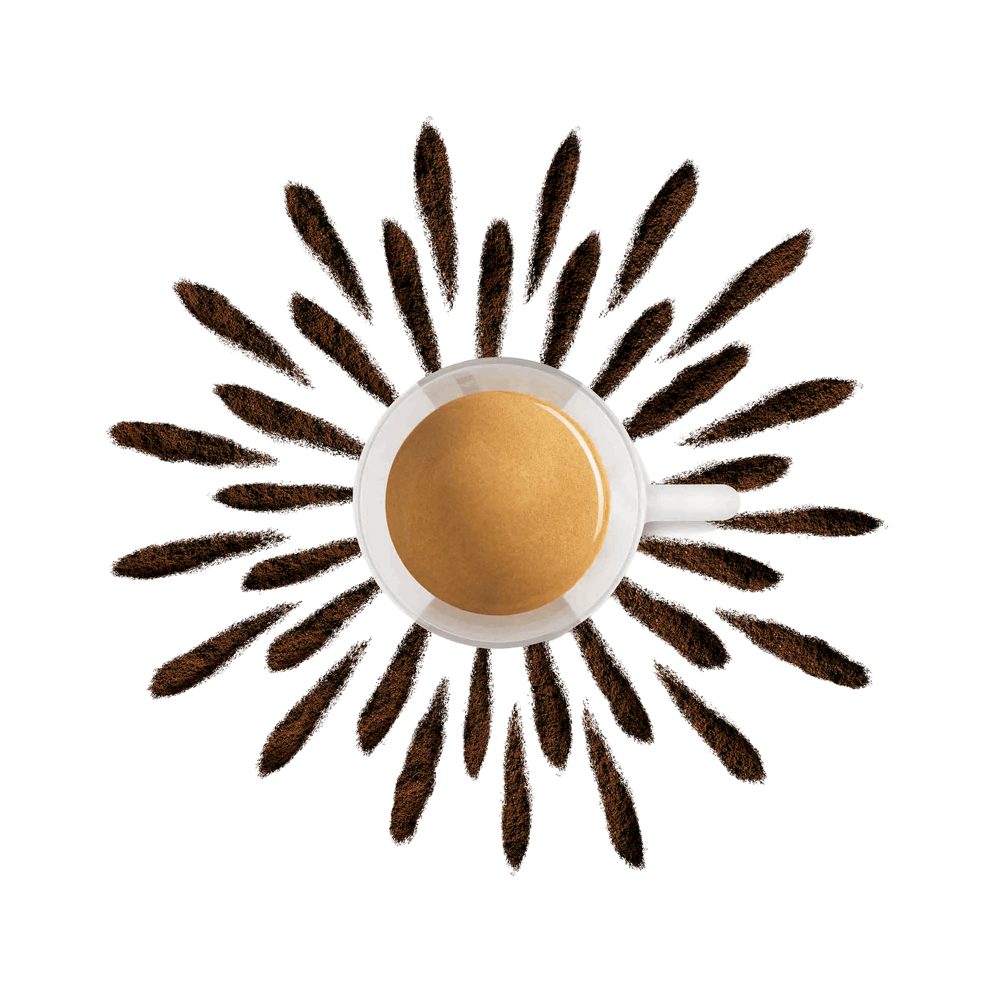 Xícara de café espresso vista de cima cercada por grãos de café organizados em círculo.